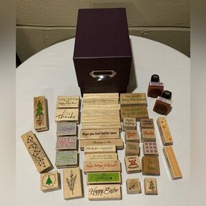 Assorted Wooden Rubber Stamps with Storage Box